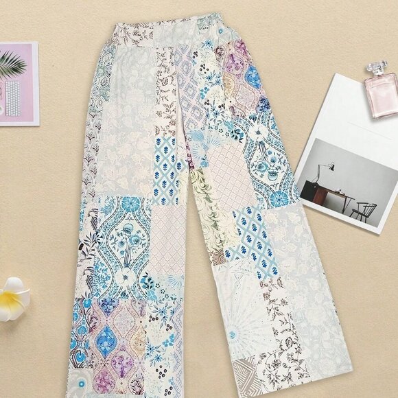 Grey Bohemian Women's Floral Ditsy Floral Patchwork High Waist Loose Pants - Picture 3 of 4